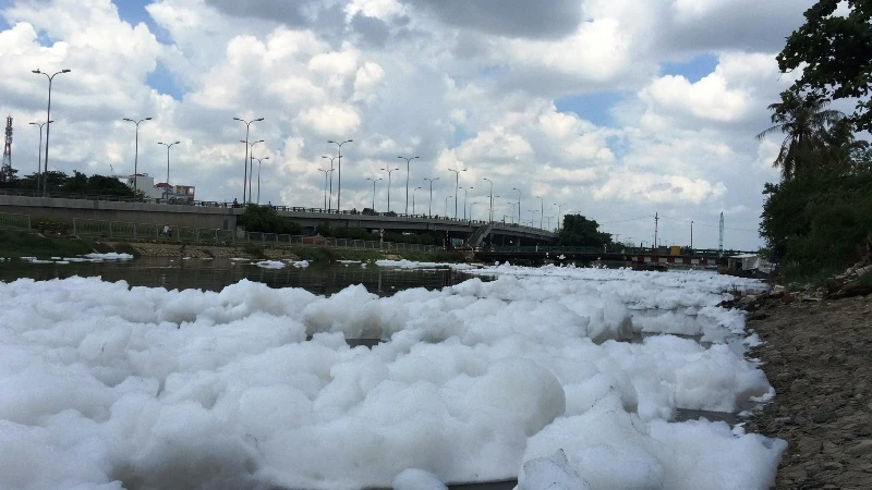 Bọt xếp lớp dày trên mặt rạch Ruột Ngựa xuôi ra kênh Lò Gốm, kênh Tàu Hủ.